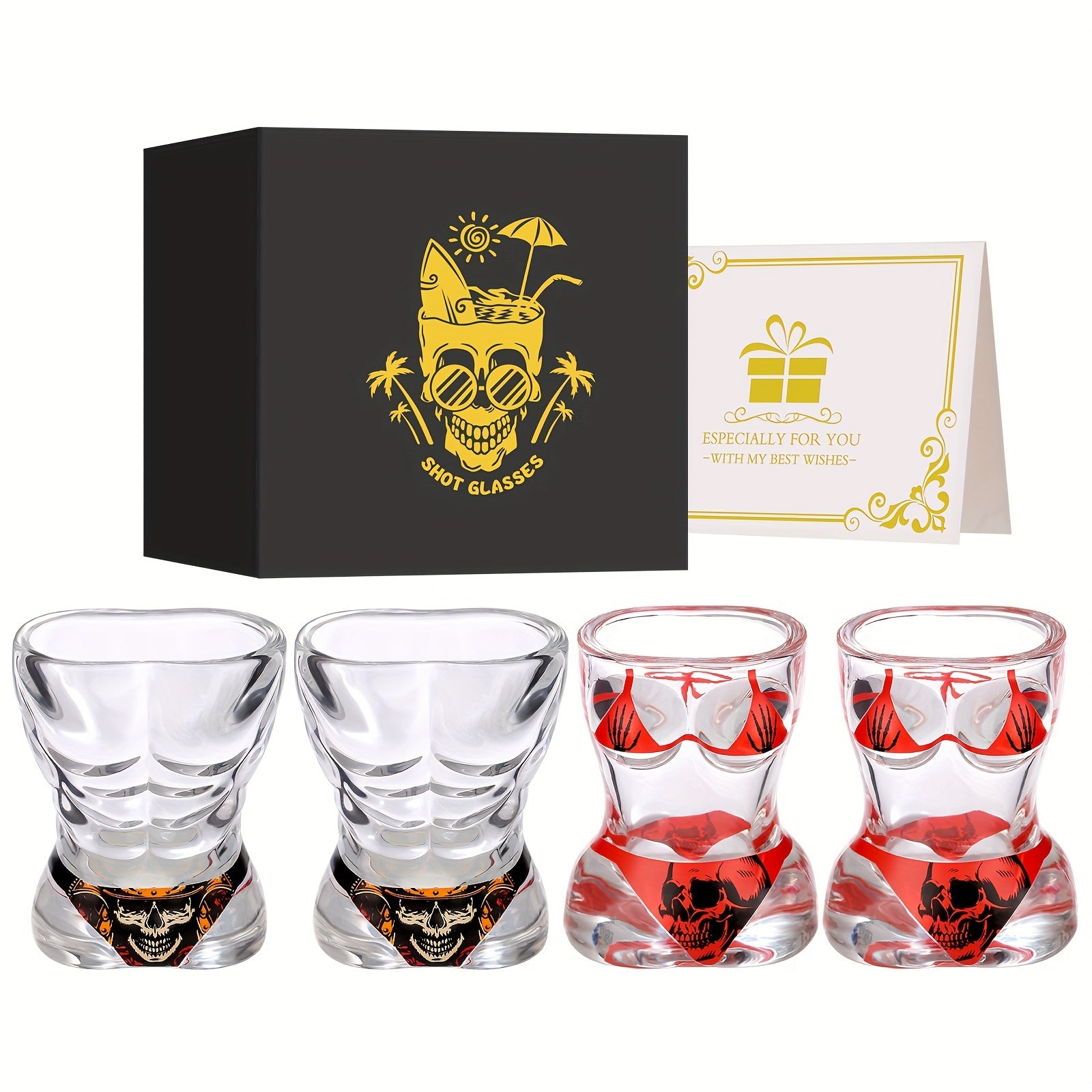 Glass Skull Style Small Wine Glasses for Muscular Men 2pcs + Bikini 2pcs + LOGO Folding Box + Greeting Card Family Bar Wide Mouth Cup Whiskey Volga Beer Wine Glass