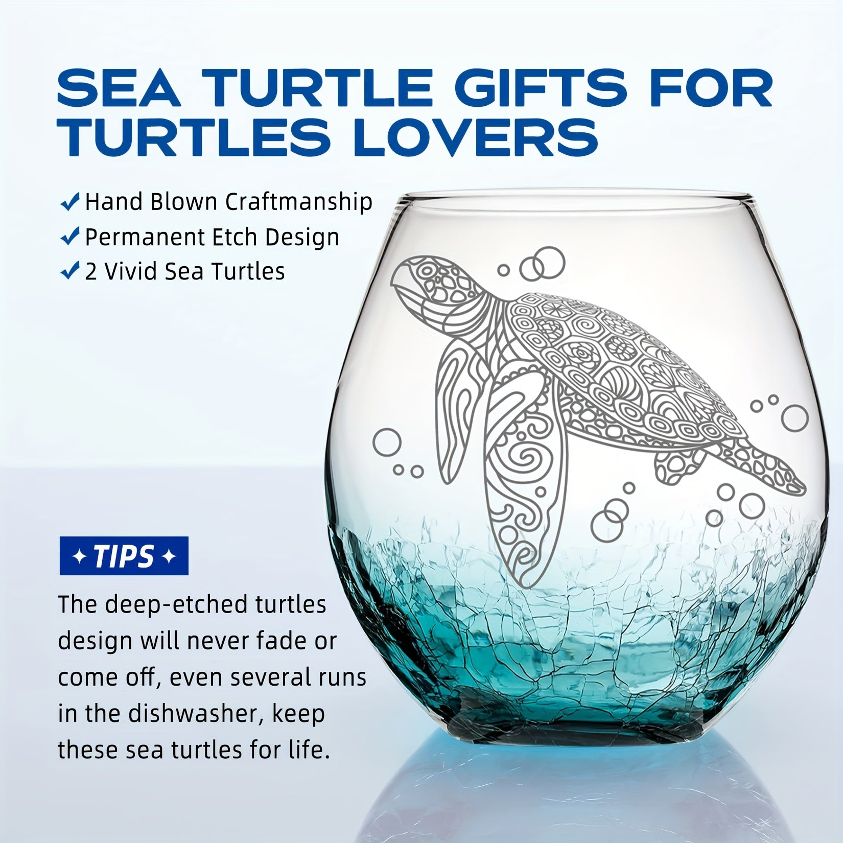 Roraem Wine Glasses - Hand-Etched for Turtle Designs on Wine Glasses, Perfect Unique Gifts for Women Who Love The Ocean. These Stemless Turquoise Glasses Are Ideal for Turtle Enthusiasts