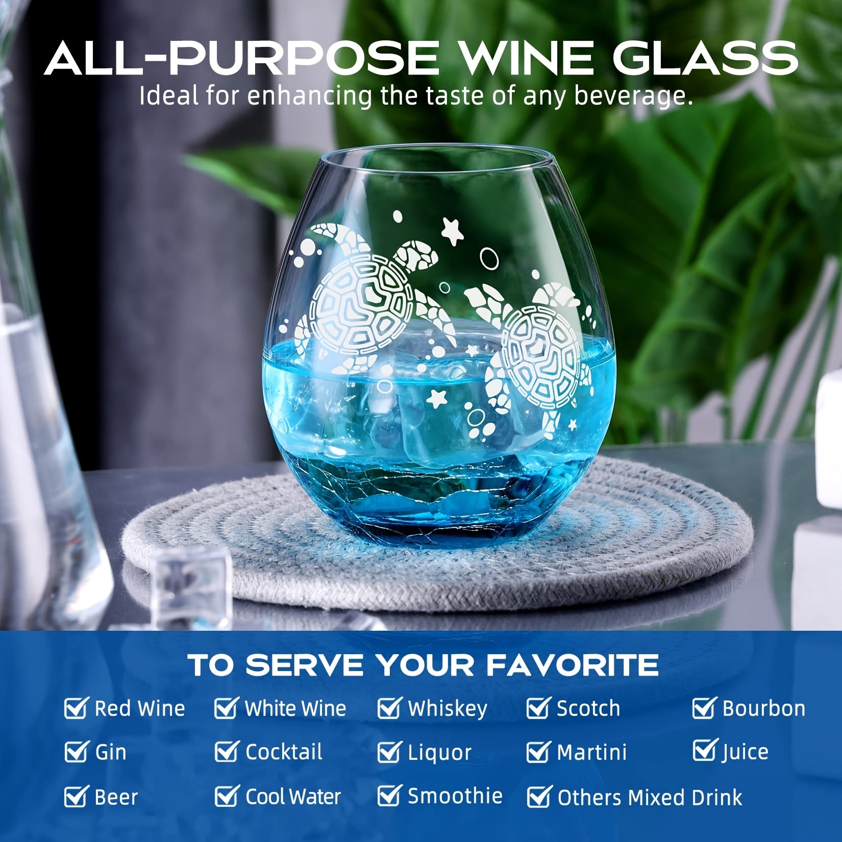 Roraem Wine Glasses - Hand-Etched for Turtle Designs on Wine Glasses, Perfect Unique Gifts for Women Who Love The Ocean. These Stemless Turquoise Glasses Are Ideal for Turtle Enthusiasts