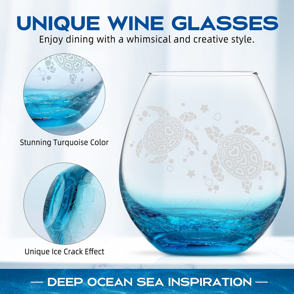Roraem Wine Glasses - Hand-Etched for Turtle Designs on Wine Glasses, Perfect Unique Gifts for Women Who Love The Ocean. These Stemless Turquoise Glasses Are Ideal for Turtle Enthusiasts