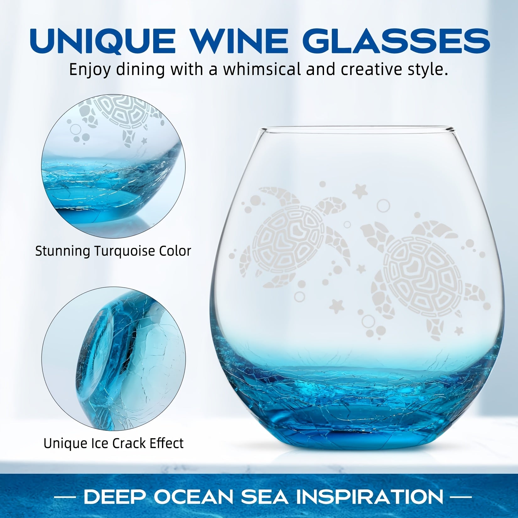 Roraem Wine Glasses - Hand-Etched for Turtle Designs on Wine Glasses, Perfect Unique Gifts for Women Who Love The Ocean. These Stemless Turquoise Glasses Are Ideal for Turtle Enthusiasts